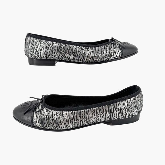 Chanel CC Cap Toe Ballet Flats Size 38 US 7-7.5 Black Silver Metallic Logo Bow - Picture 8 of 15